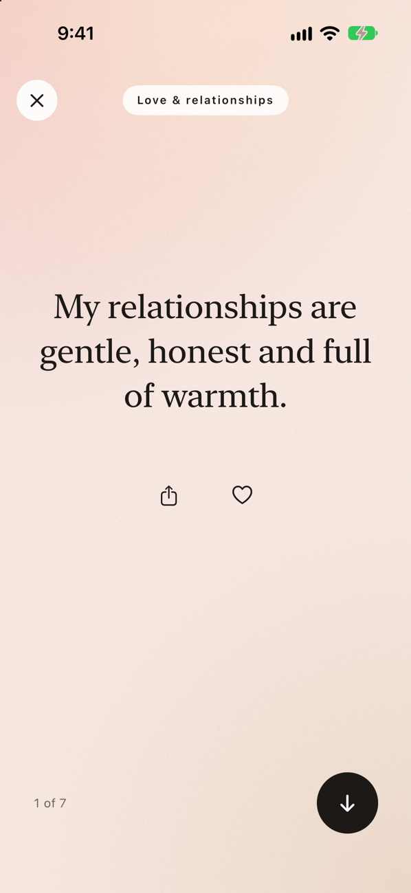 An affirmation, full screen, with share and save