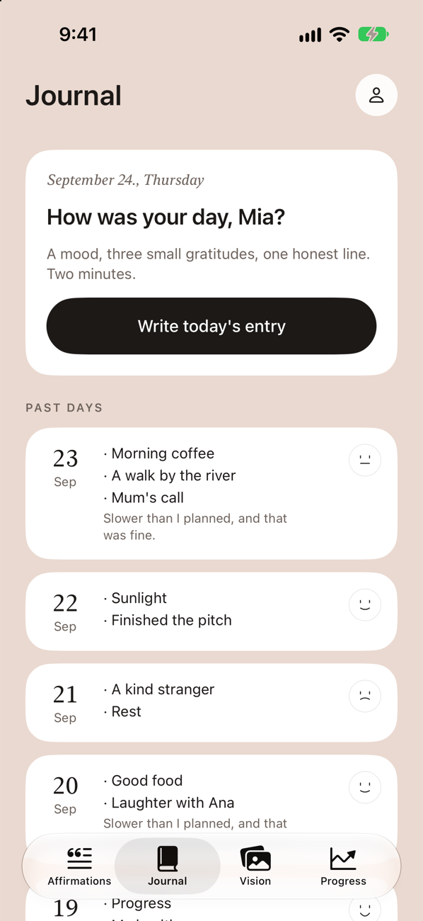 The journal with today's entry and past days