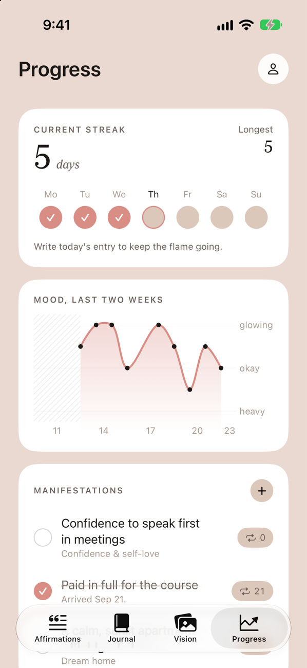 Progress: streak, mood curve and manifestations