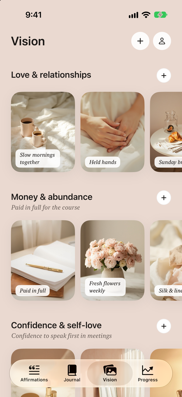 Vision board rows for love, abundance and confidence